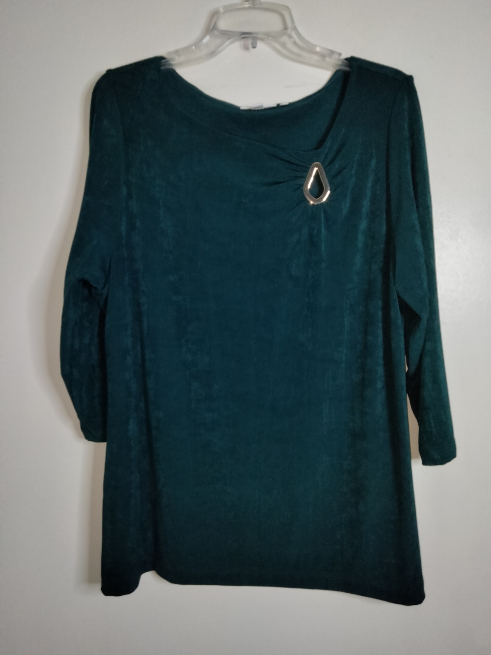 Chico's -Sz 3/XL- Dark Teal 3/4 Long-Sleeve Stretch Gold Tear-Drop Pin Tunic Top